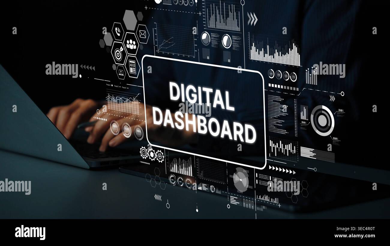 Professional Businessman Using Digital Dashboard Interface with Technology Graphics for Data Analysis and Visualization. Asymptotic smart data Stock Photo
