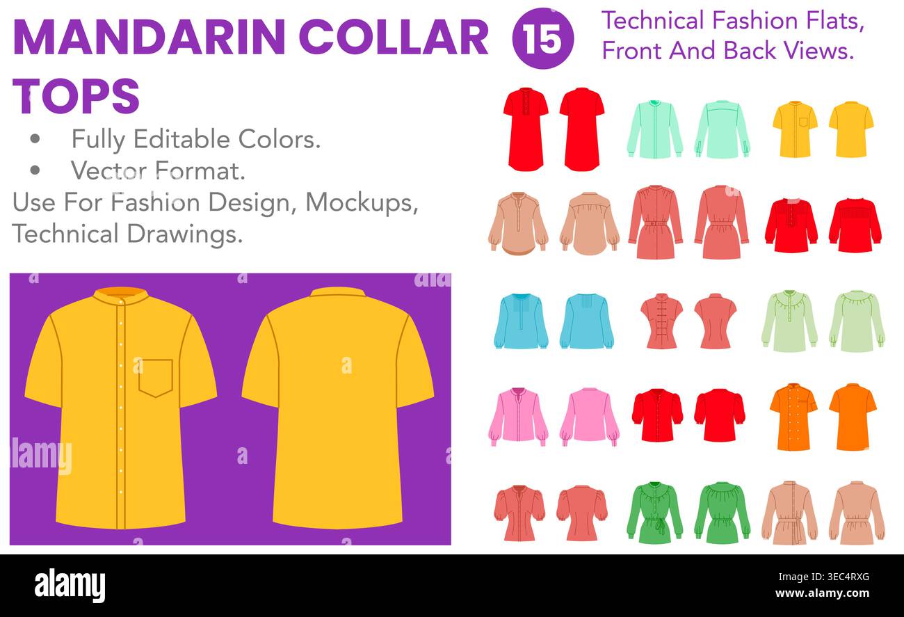 Mandarin Collar Tops set with editable technical fashion flats, front ...