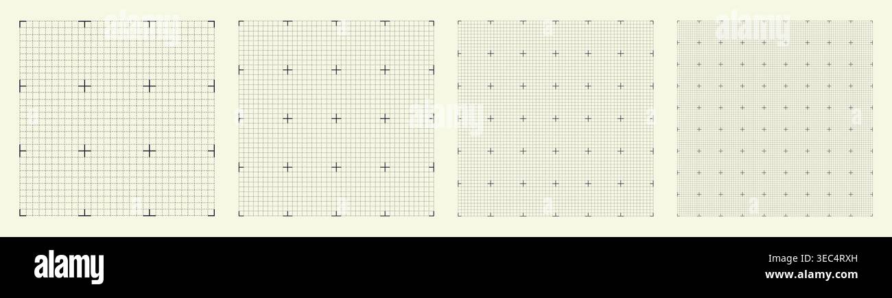Square grid collection dashed micro geometry, four samples blueprint style. Broken stroke lattice structure, interface layouts editorial compositions planning dashboards digital technology graphics. Stock Vector