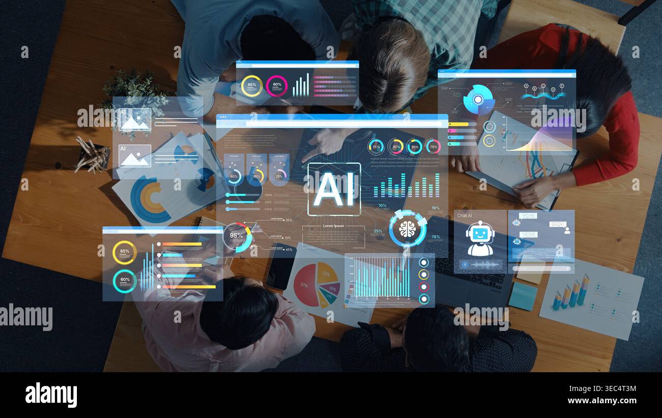AI business intelligence interface featuring real-time AI data visualization, predictive AI model graphs, and automated report tools driven by AI Stock Photo