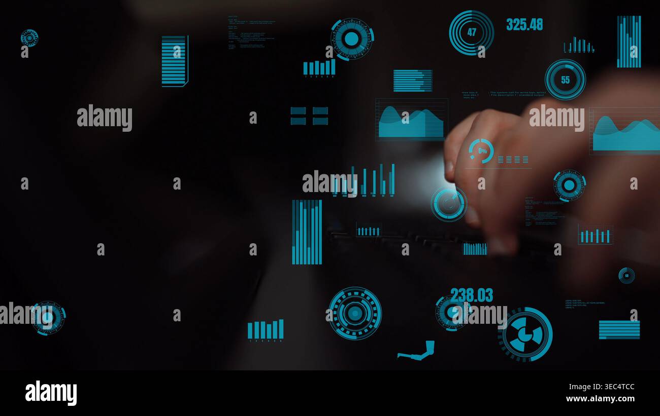 This image captures a futuristic digital interface filled with data visuals and graphs, showcasing technology and analysis in a modern environment Stock Photo