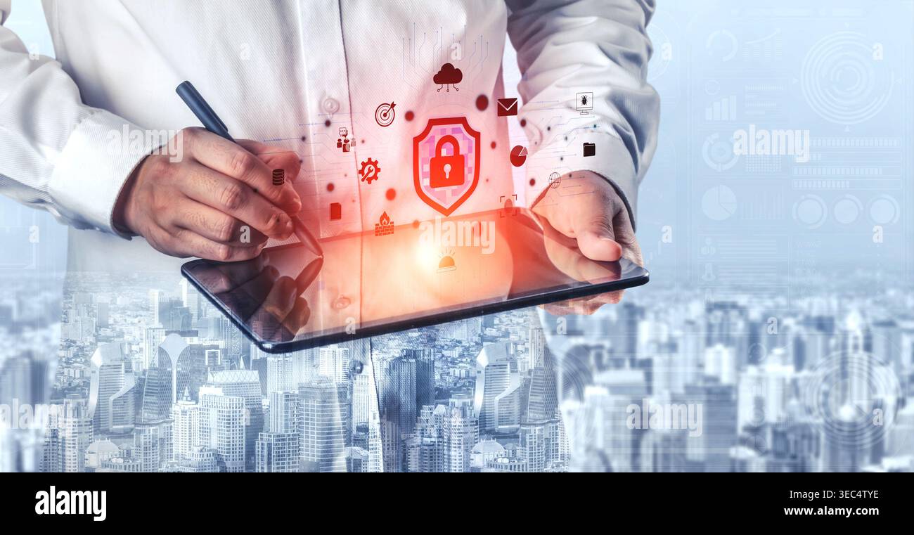 Businessperson Using Digital Tablet with Security Icon Illustrations Over Cityscape Background for Cybersecurity Concept Quark. Stock Photo