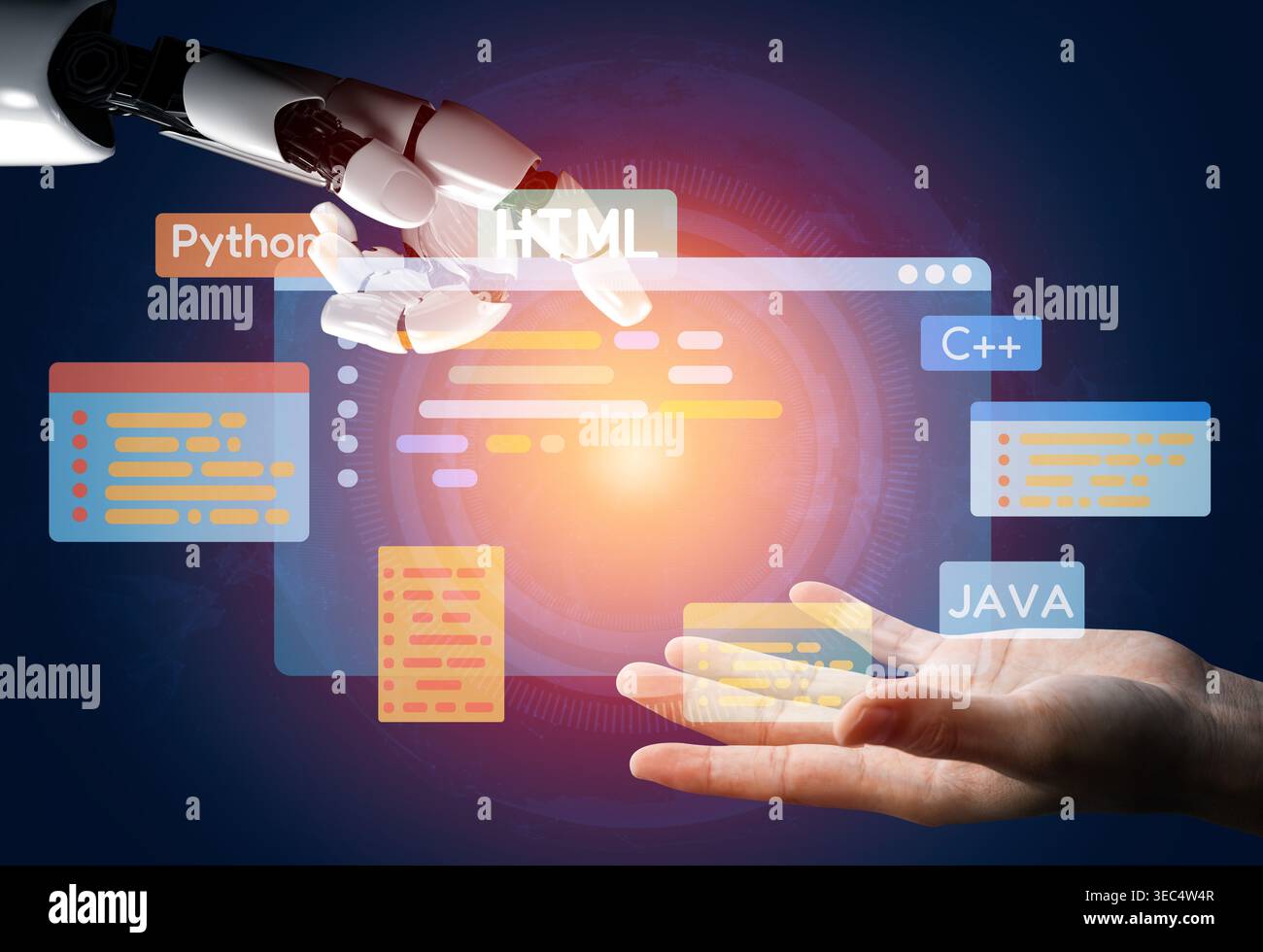 AI artificial intelligence assists software development through smart coding tools, virtual assistant debugging, and intelligent automation in digital Stock Photo