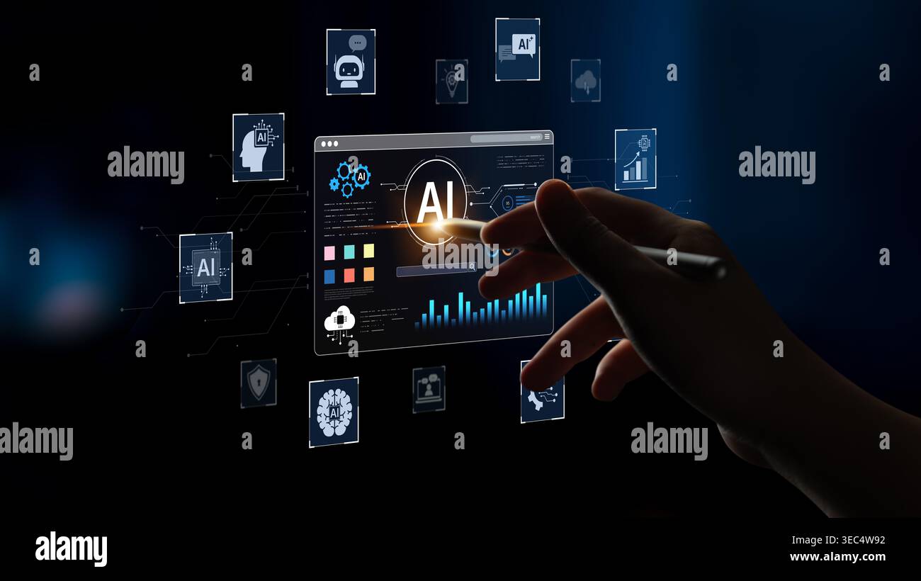 A user interface for a generative AI platform. This technology uses machine learning to create new digital content, automate tasks, and provide Stock Photo
