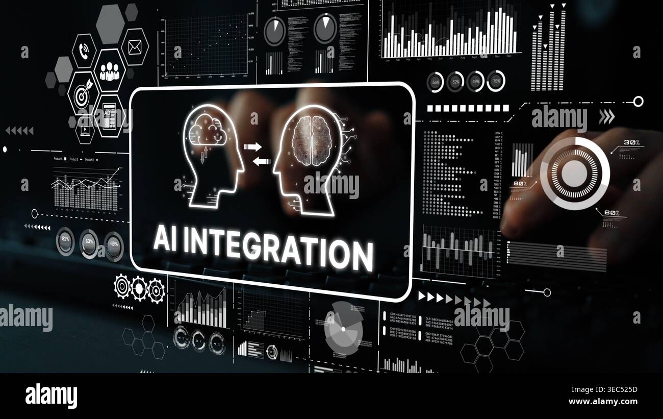 Futuristic Concept of AI Integration with Human Intelligence and Digital Data Visualization Background. Asymptotic smart data analytic. Stock Photo