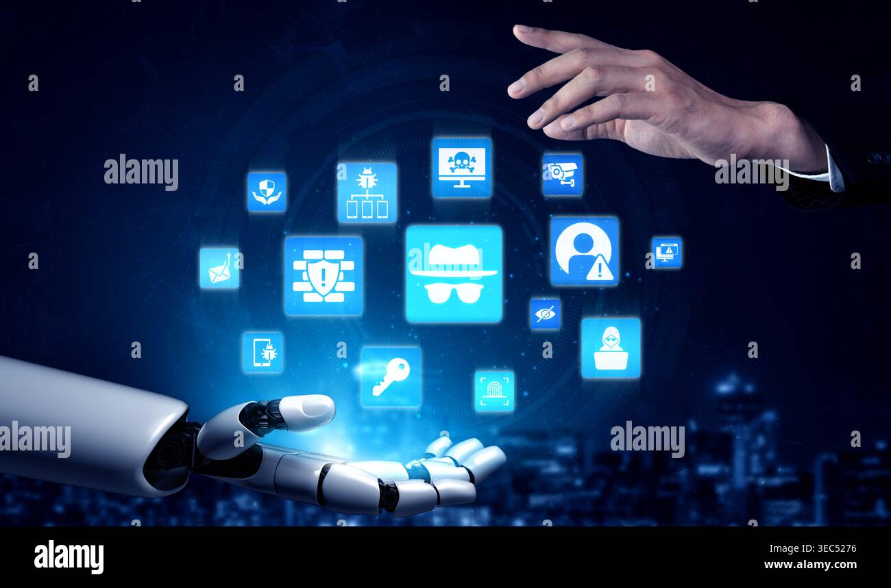 Artificial intelligence protects cybersecurity systems, detecting cyber attacks, blocking malware, and securing networks with smart defense technology Stock Photo