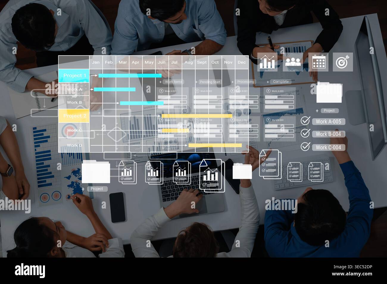 Digital visualization of multiple project timelines with progress tracking, documents, and team collaboration symbols Parse Stock Photo