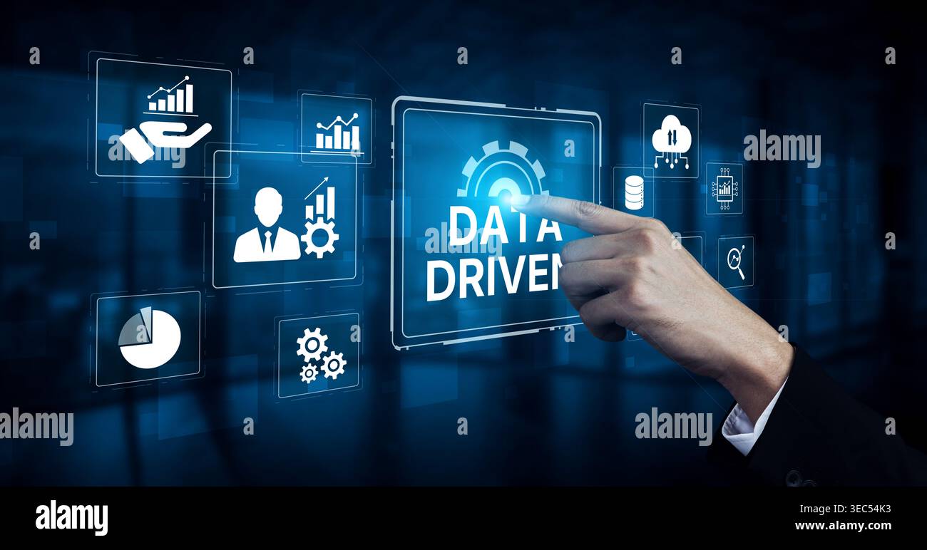 Data-driven decision-making empowers business through analytics, datum collection, and AI systems. Data driven tools support cloud data processing and Stock Photo