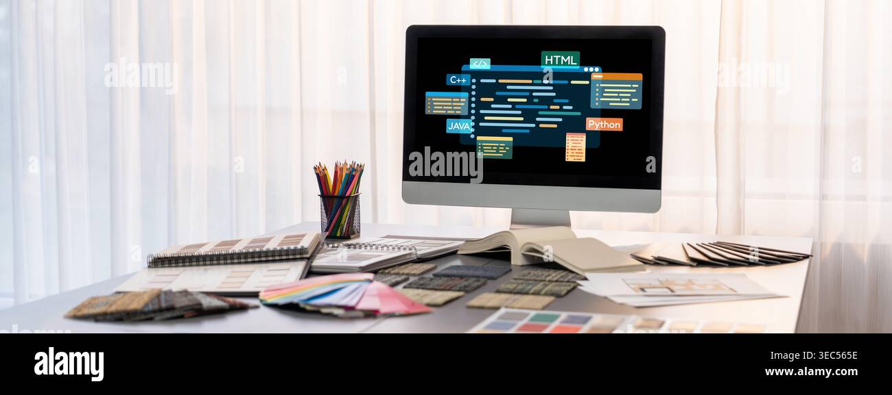 Software development or programming work with coding screen of various programming languages like HTML, , , and C brisk for new application Stock Photo