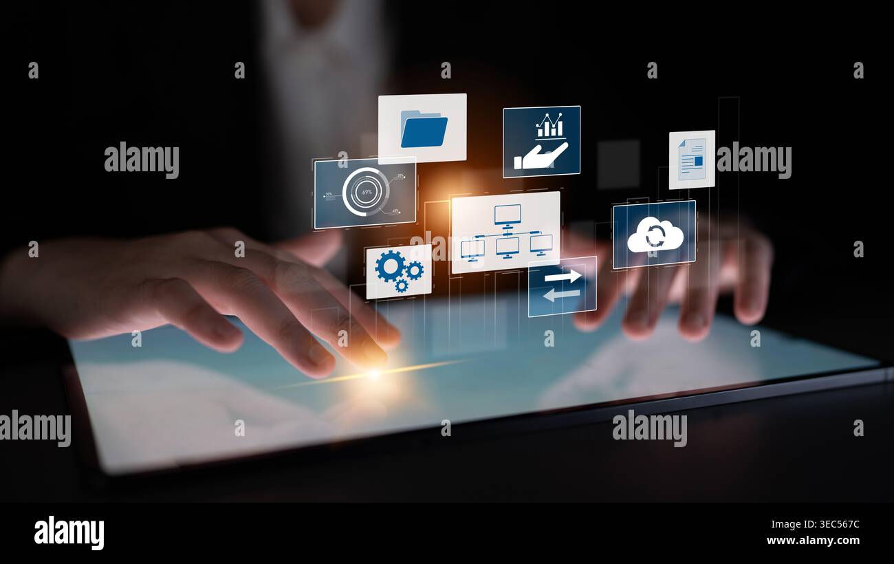 Digital business infrastructure with data system, analytics, sync. System management improves access, system management ensures performance, and Stock Photo