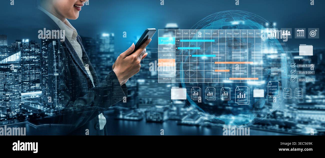 Digital visualization of multiple project timelines with progress tracking, documents, and team collaboration symbols Parse Stock Photo