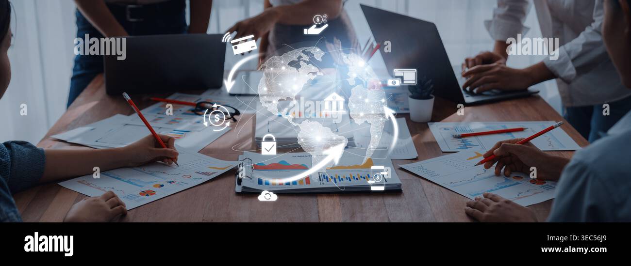 A dynamic workspace featuring diverse professionals collaborating on data analysis and project planning, surrounded by digital icons and visual Stock Photo
