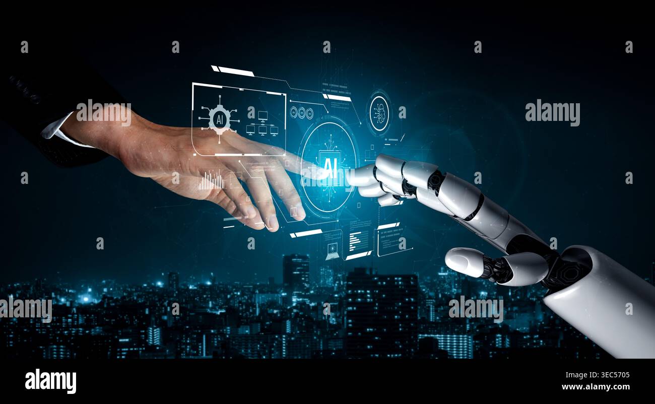 AI system interacting with artificial intelligence interface, processing data, executing algorithms, and enhancing automation with advanced artificial Stock Photo