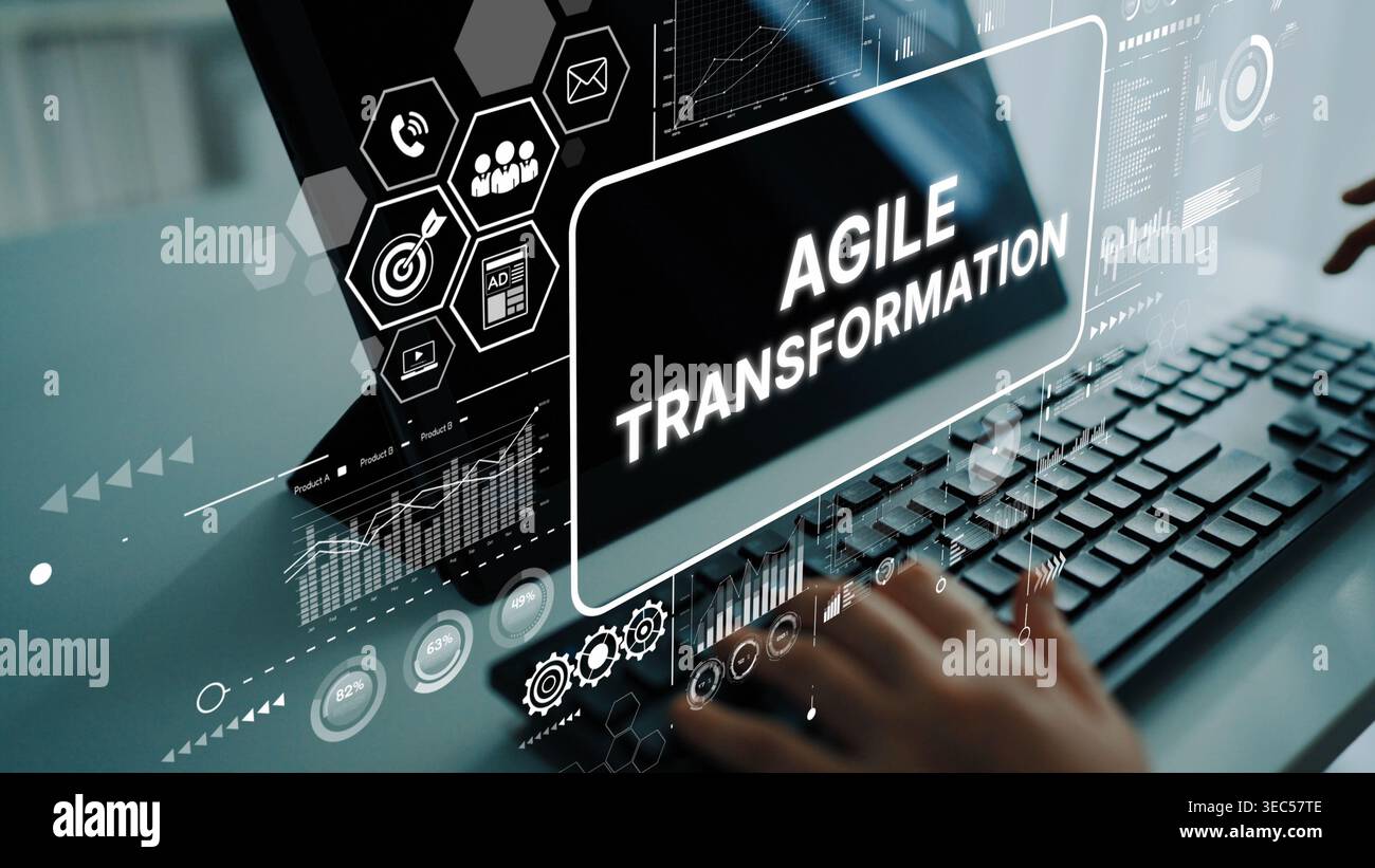 Modern Workspace with Digital Screen Displaying Agile Transformation Concepts and Data Visualization Elements. Asymptotic smart data analytic. Stock Photo