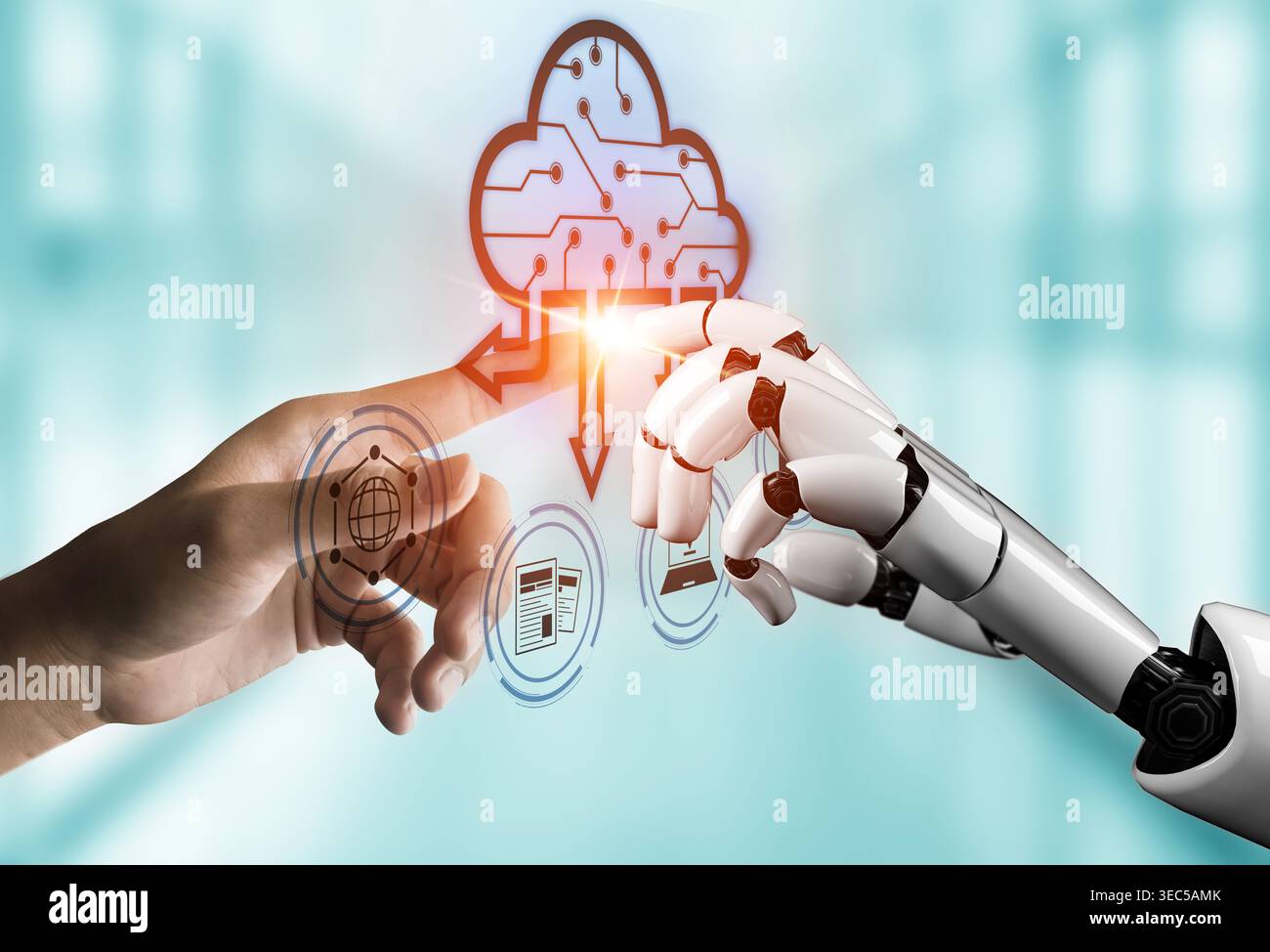 AI artificial intelligence optimizes cloud infrastructure with virtual assistants and intelligent automation, improving scalability, security, and Stock Photo
