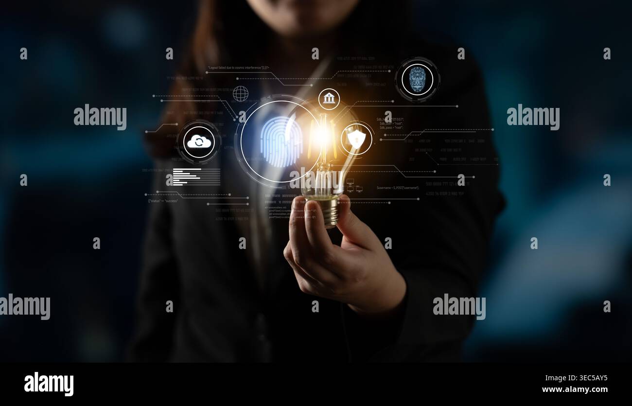 Biometric identity system using fingerprint and facial recognition to secure cloud access, protect sensitive data, and authenticate users in digital Stock Photo