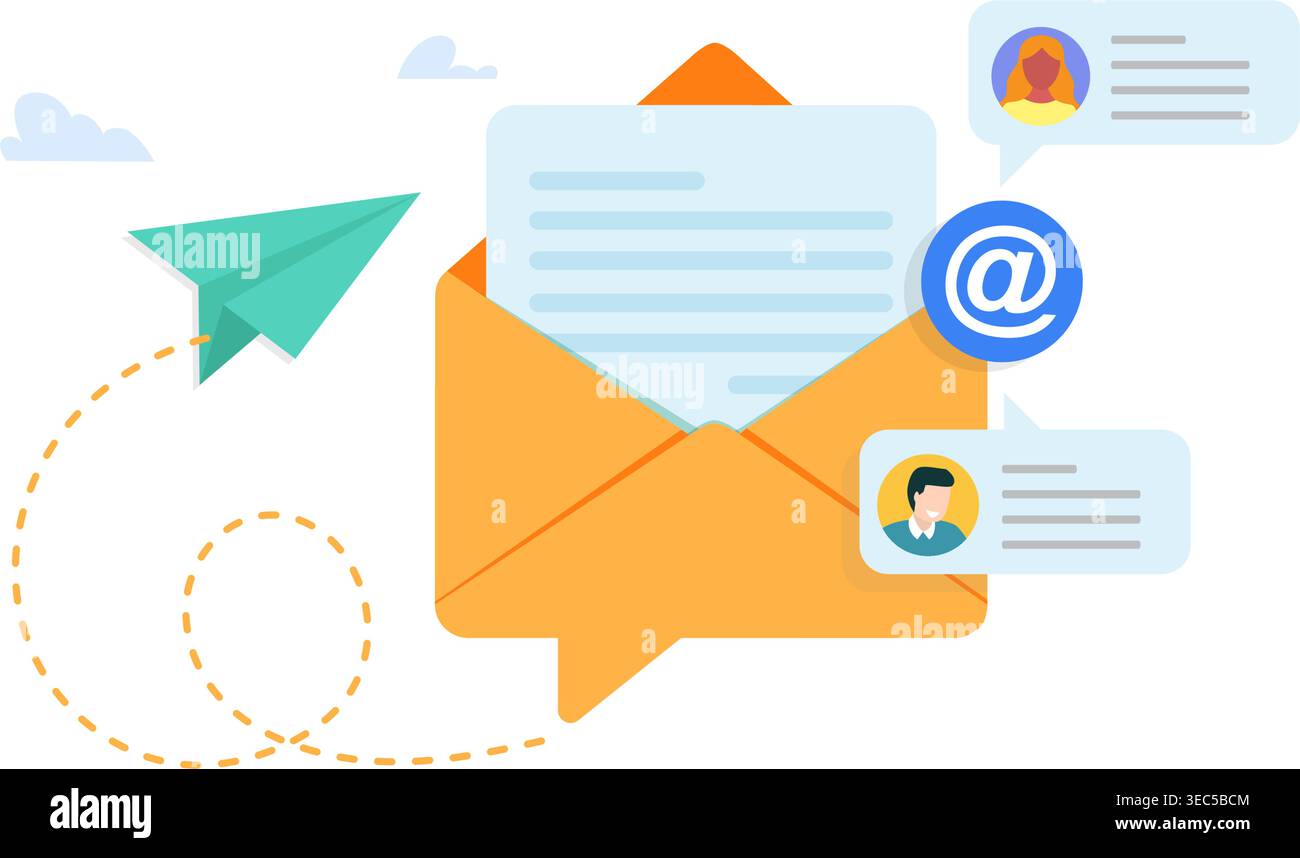 Vector graphic showing an open envelope with message icons and paper plane for digital marketing and contact concepts. Stock Illustration. Stock Vector