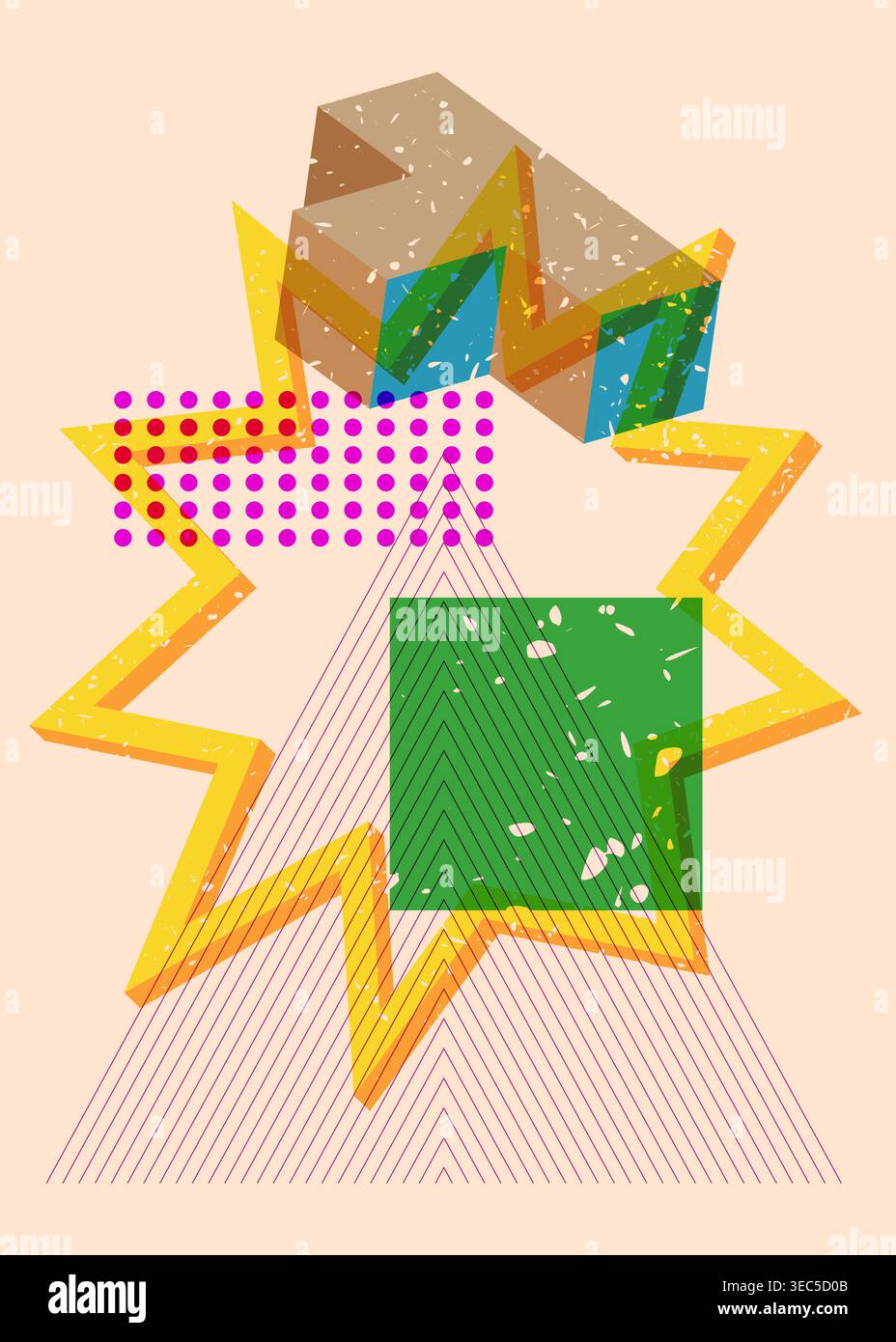 Colorful geometric shapes. Object in trendy riso graph design. Geometry elements abstract risograph print texture style. Stock Vector
