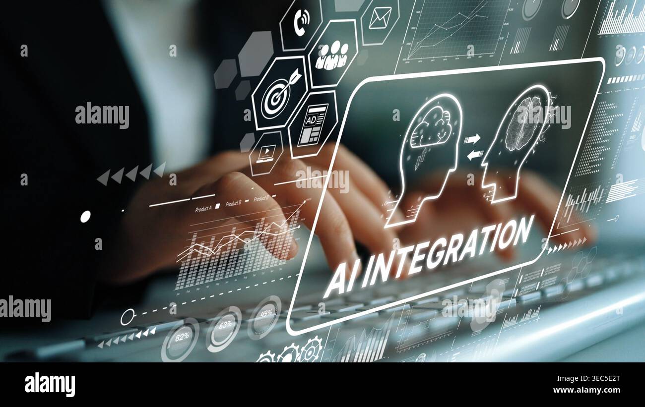 Hands Typing on Laptop with AI Integration Concept and Digital Data Visualization Elements for Technology Innovation. Asymptotic smart data analytic. Stock Photo