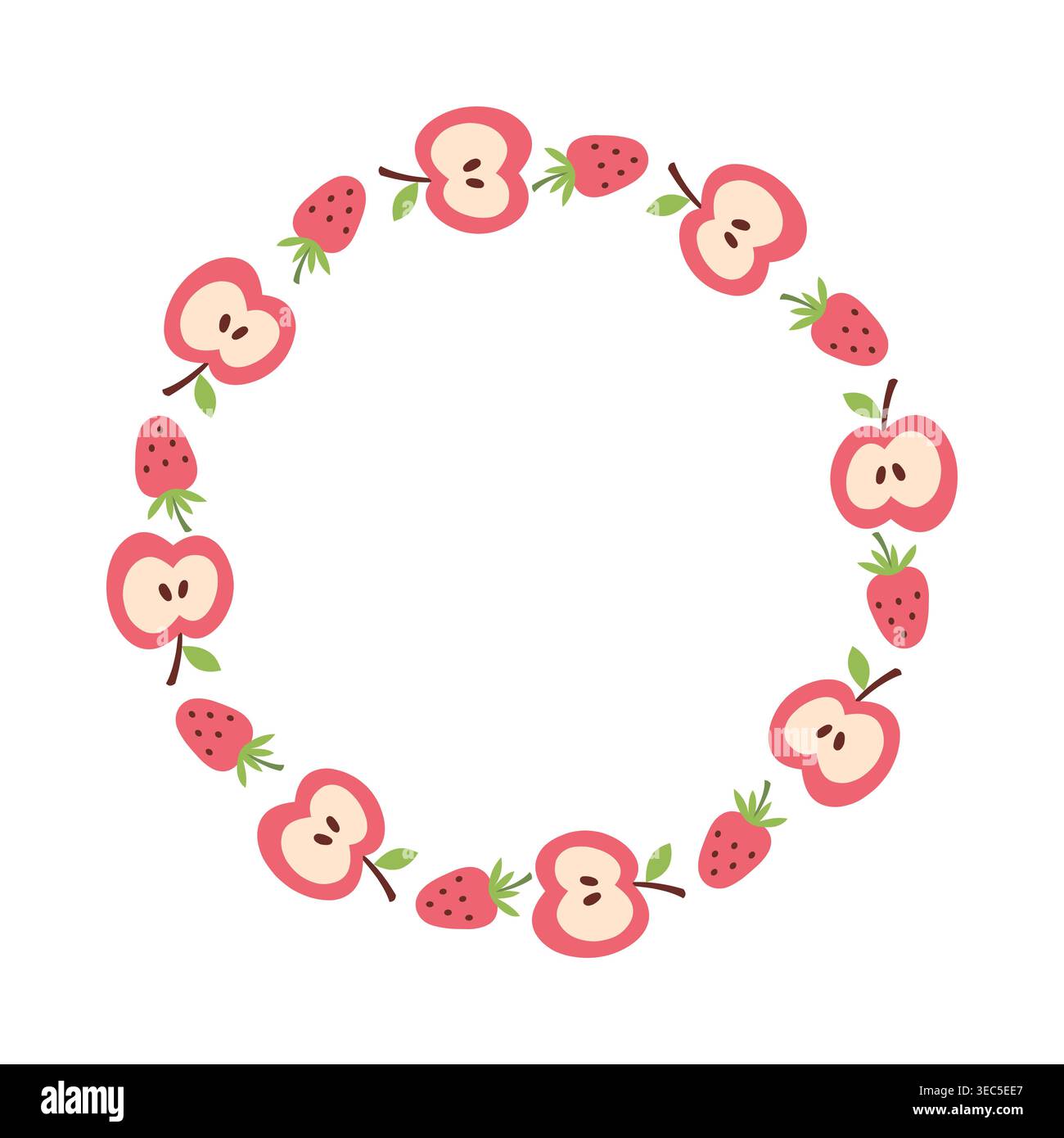 Round frame wreath with apple slice and strawberry doodle Stock Vector