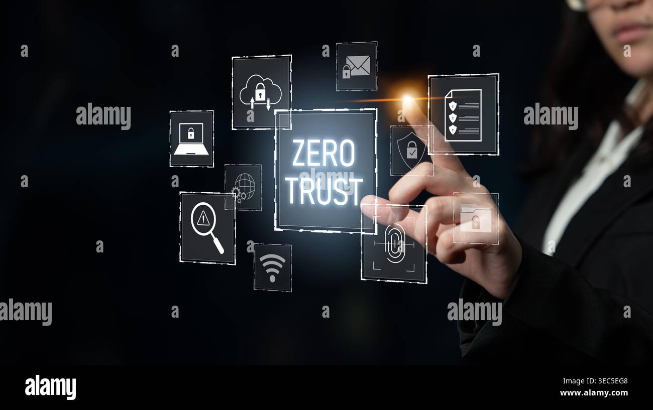 Zero trust model enhances data protection. Zero trust blocks unauthorized access, secures devices, zero trust defends networks, and zero trust Stock Photo