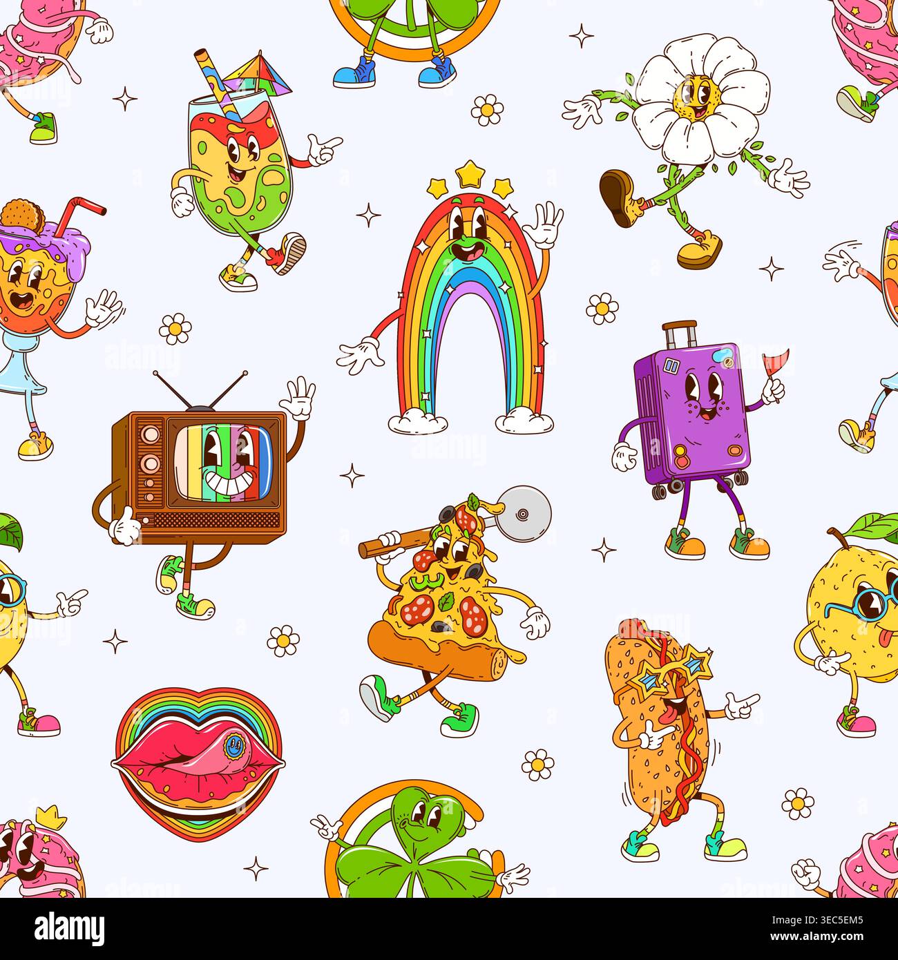 Cartoon retro groovy characters seamless pattern Stock Vector