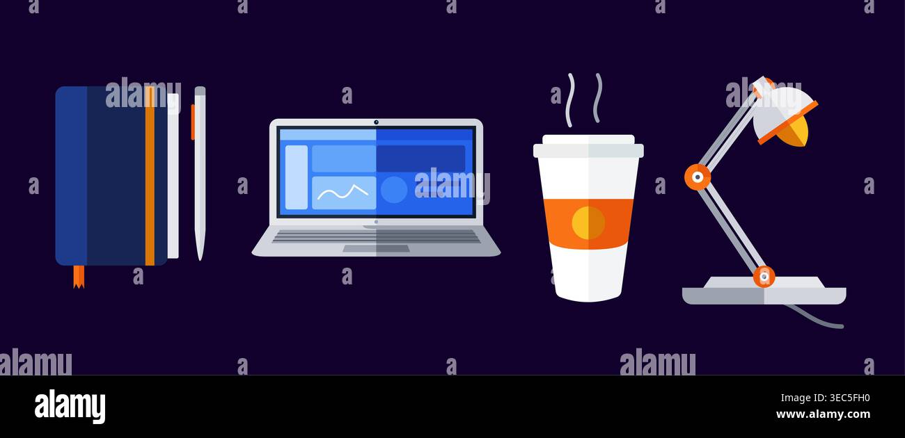 A vibrant flat design illustration showcases essential items for a productive workspace: a notebook, pen, open laptop with analytics, steaming coffee Stock Vector
