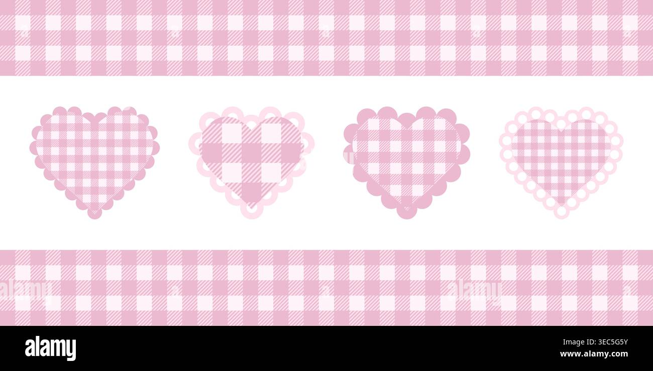 Table Ruffles Vector Pink gingham plaid background and coquette heart shapes with vichy ...