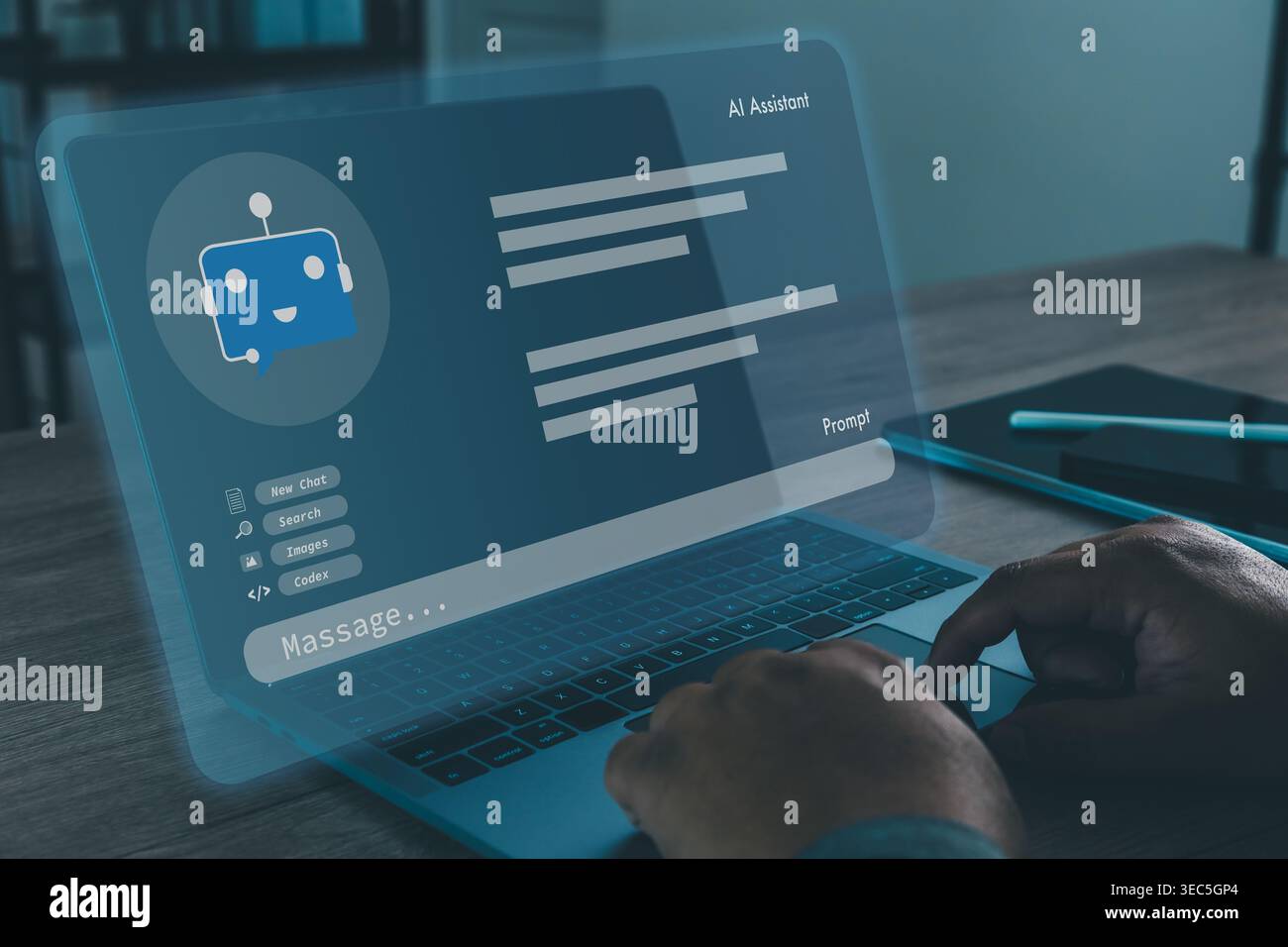 Hands typing on laptop keyboard while engaging with AI assistant interface displaying prompt and message fields, representing text generation, chatbot Stock Photo