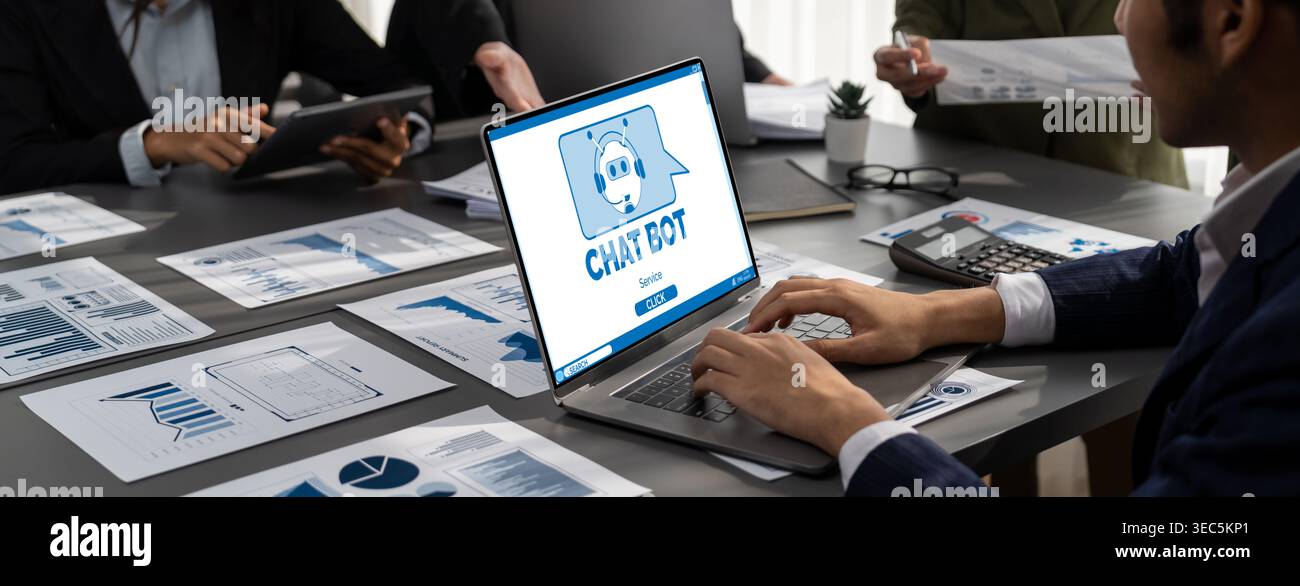 Chatbot software application for brisk online business that automatically reply to customer questions Stock Photo