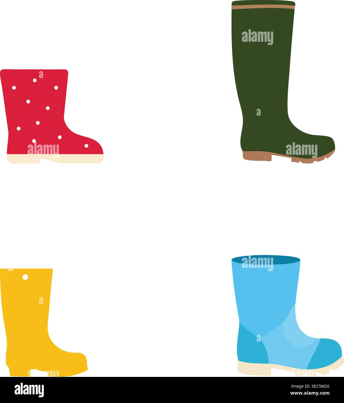 A flat illustration collection featuring various colorful rubber boots Stock Vector