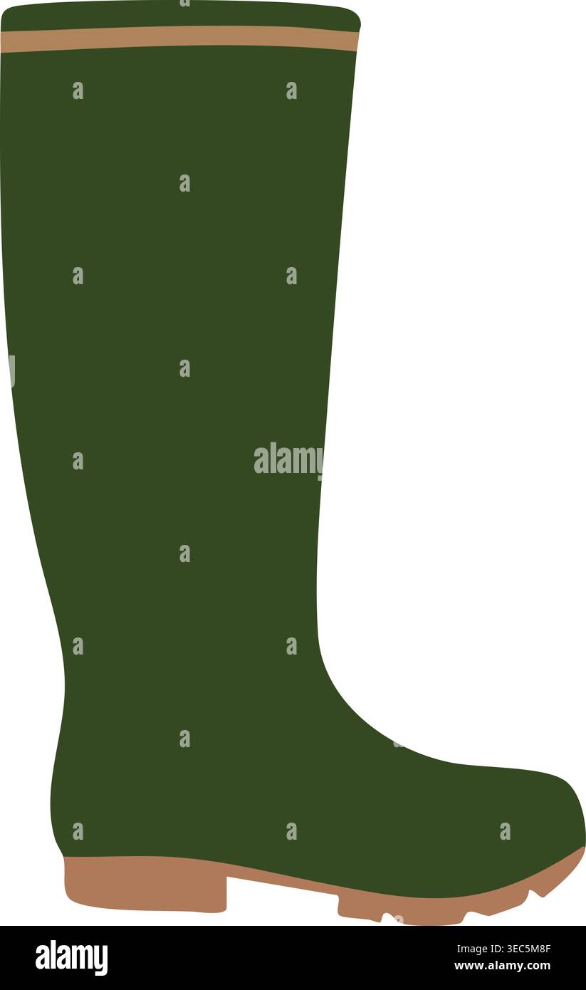 Simple illustration of a tall dark green rubber boot with a brown sole and sturdy treaded bottom. Stock Vector