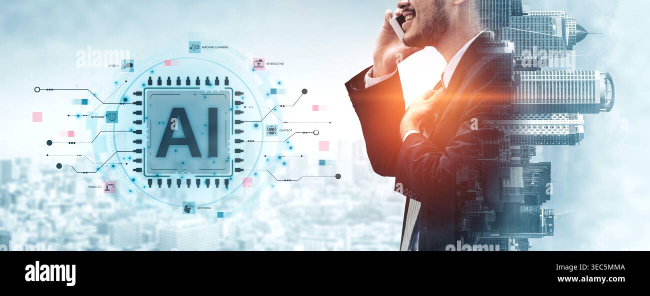 A technical diagram illustrating the core capabilities of Artificial Intelligence. This includes machine learning, robotics, speech recognition, and Stock Photo