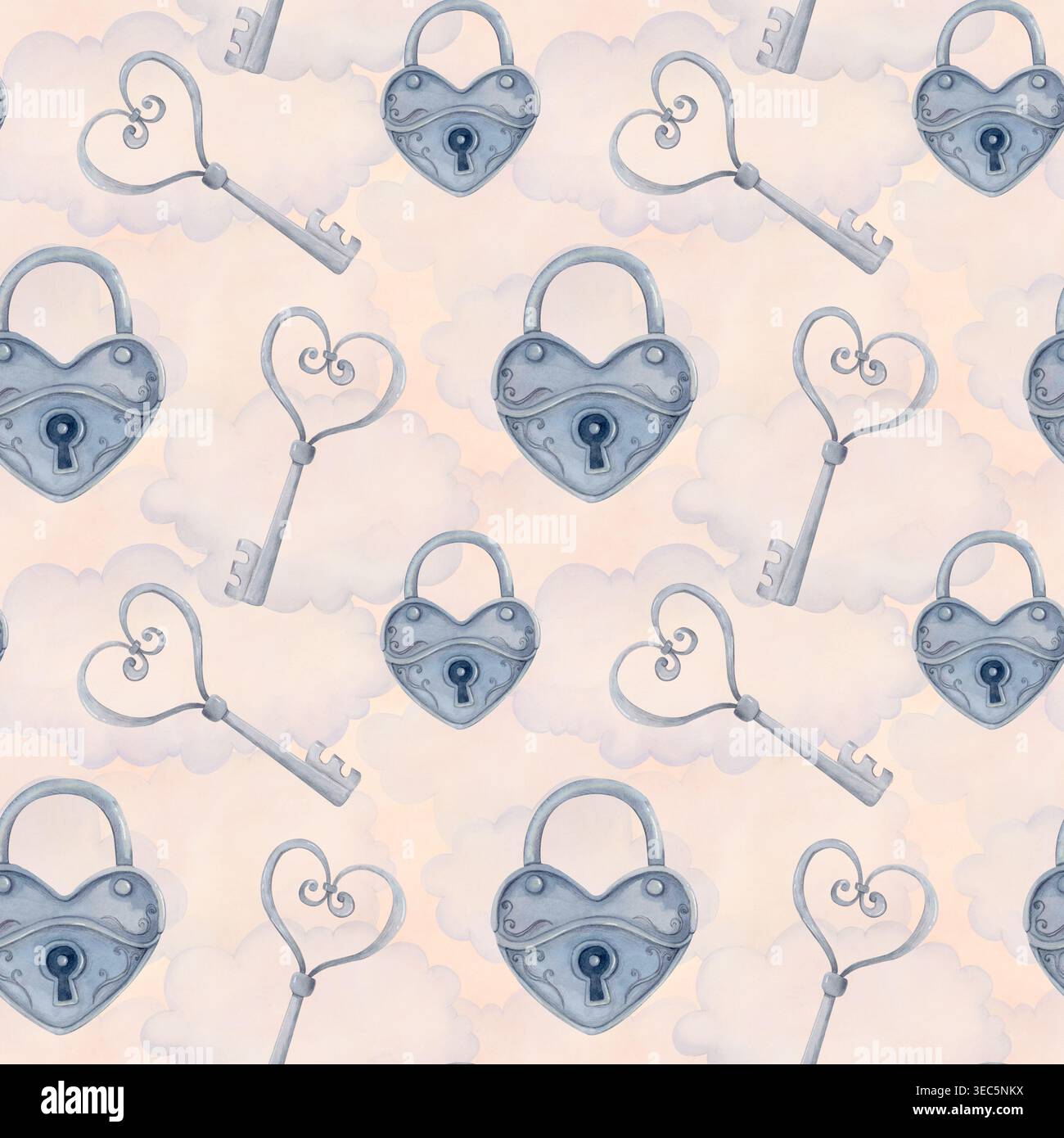 Watercolor valentine seamless pattern with vintage keys and heart locks ...