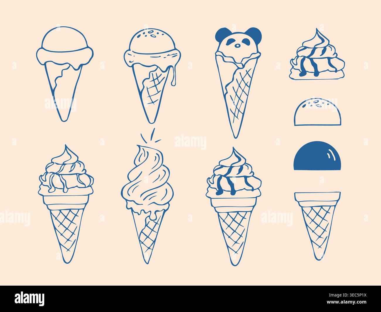 Hand drawn doodle Ice cream set with cones Stock Vector
