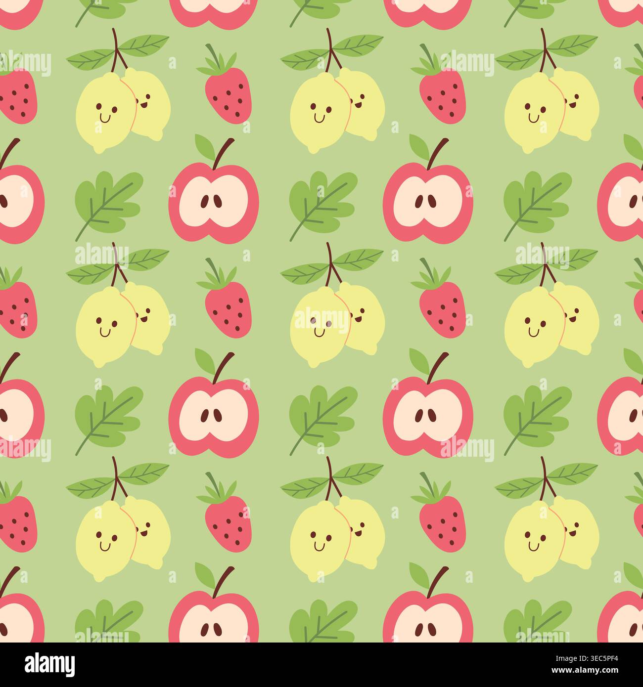 Seamless pattern with cute lemon, apple and strawberry doodle Stock Vector