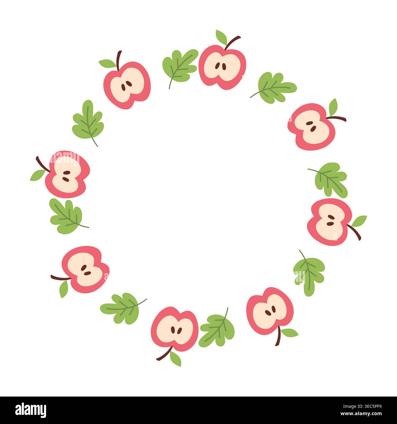 Round frame wreath with apple slice and green leaf doodle Stock Vector
