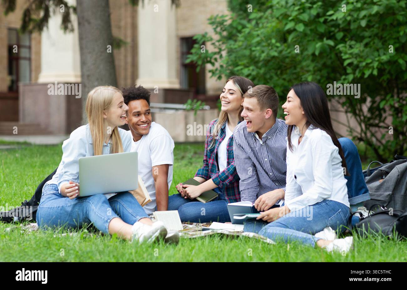University students studying together on campus ground Stock Photo