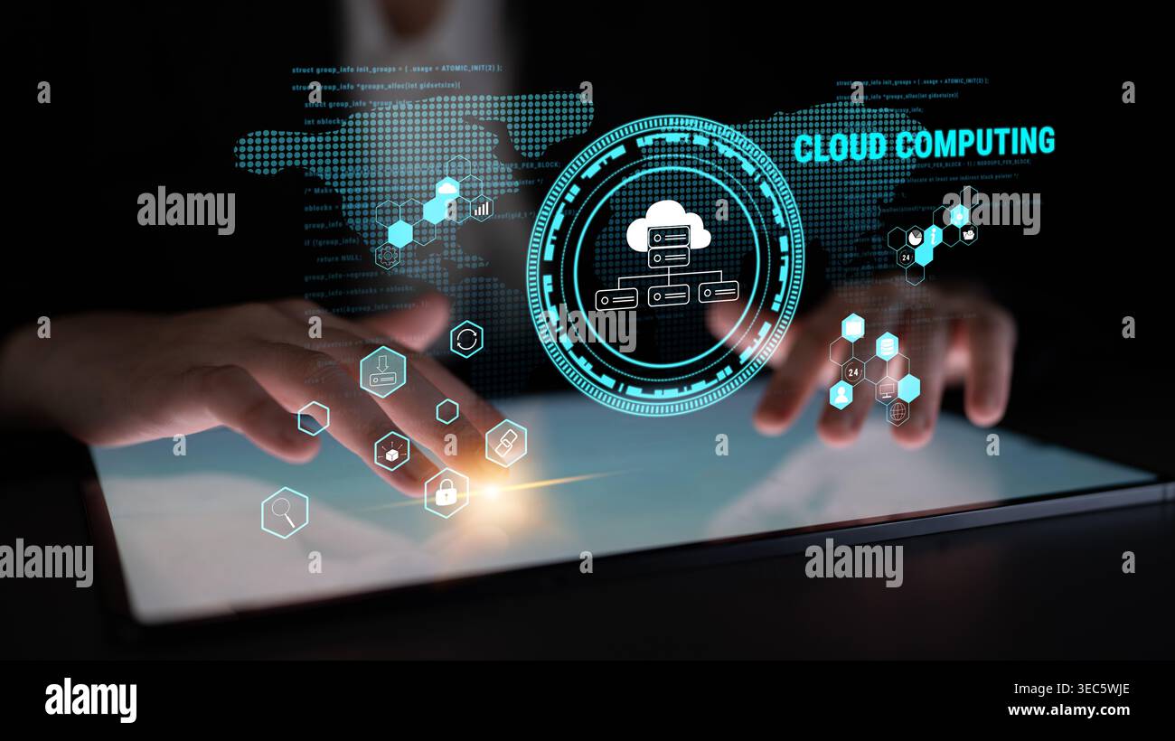 Global cloud computing platform providing services for software development. A worldwide network for data storage, security, and application hosting Stock Photo