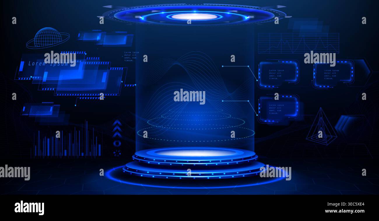 Futuristic hologram podium with glowing blue light portal and digital tech interface elements. 3d data visualization background - circular platform, hud panels, wireframe geometry and chart graphics Stock Vector