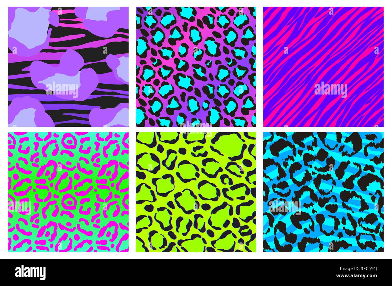 Psychedelic seamless animal patterns set. Vector realistic illustration of neon color leopard, cheetah, zebra, tiger prints with bright spots stripes, y2k groovy wallpaper background, trippy design Stock Vector