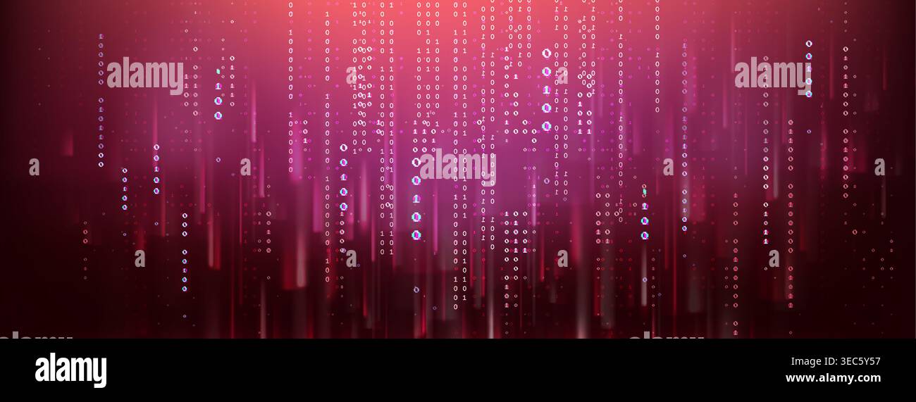 Red binary code background with cyber breach data matrix. Digital hacker attack warning with streaming numbers and malware threat elements. Technology security concept with dark futuristic design. Stock Vector