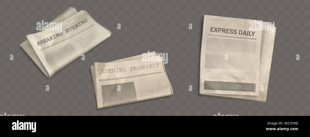 Newspaper mockup set with folded crumpled paper templates in realistic style. Various vector news layout designs with article columns, text blocks and image placeholders for press media publication. Stock Vector