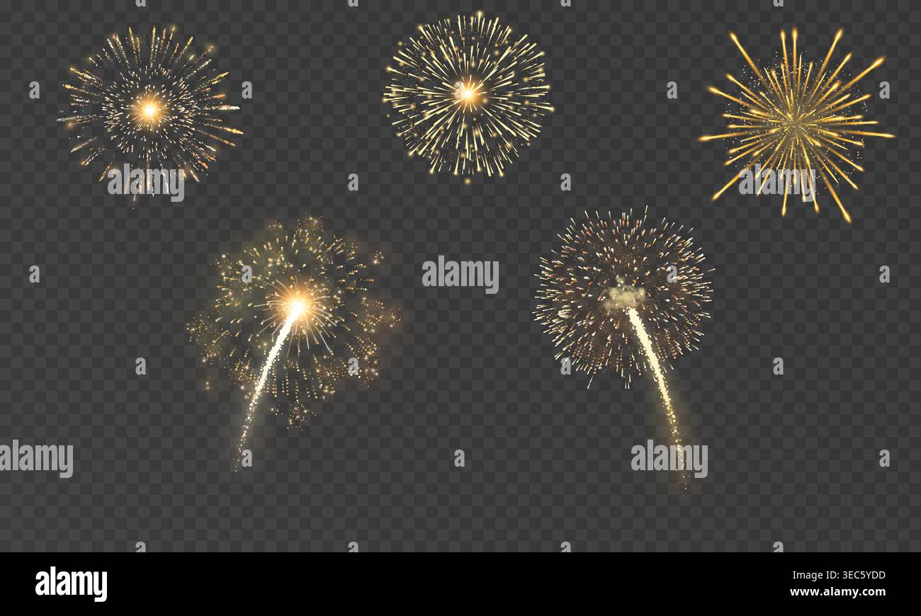 Golden Fireworks Burst Set, Sparkling Celebration Firecracker Explosion Collection Isolated on Transparent Background Stock Vector