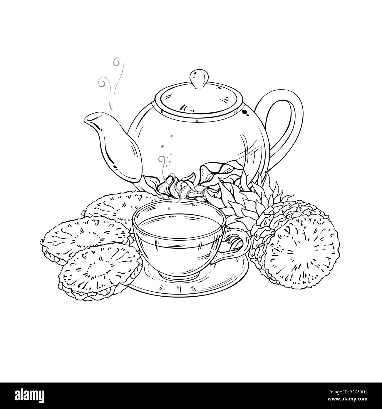 Pineapple Tea in Teapot Outline Illustration. Stock Vector