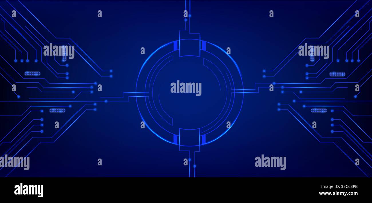 Hi tech circuit board frame with glowing blue lines and futuristic digital patterns, vector realistic illustration. High tech abstract electronic backdrop with round border and neon light Stock Vector