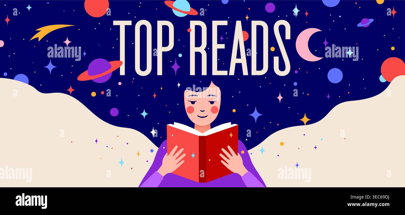 Book, Imagination, Dreams. Girl reading Stock Vector