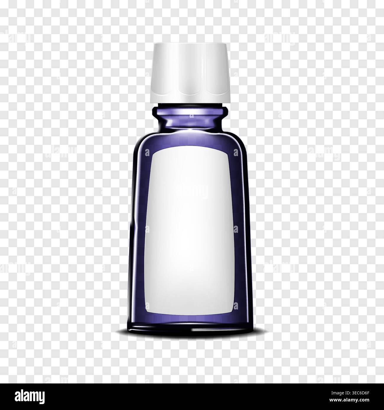 Clear dark blue glass bottle with white label and screw plastic cap on transparent background. Cosmetic or medical product package Stock Vector