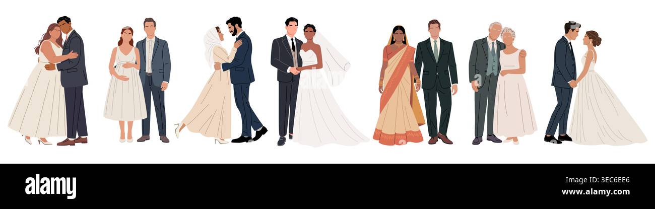Elegant diverse wedding couples set flat vector Stock Vector