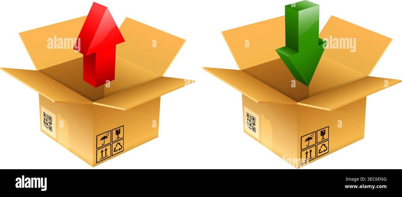 Download and Upload icon - 3D Arrow with Empty Box, isolated on white, vector Stock Vector